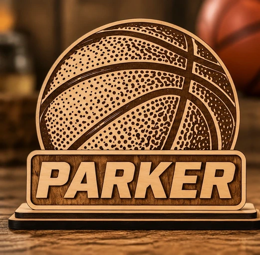 Featured Work: layered basketball name plaque, personalized and laser cut from wood